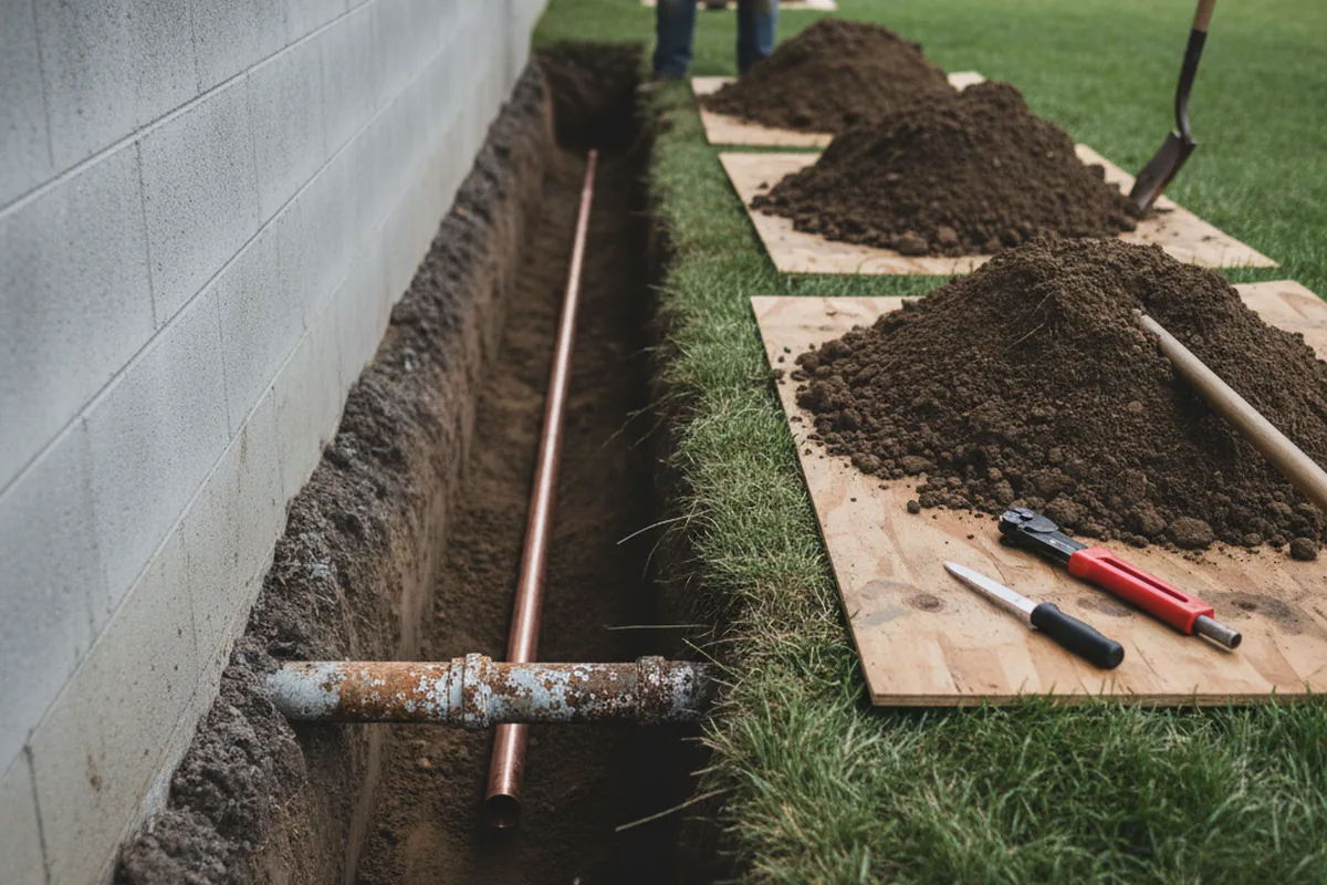 Excavated water line trench during Sewer Line Repair in Painter